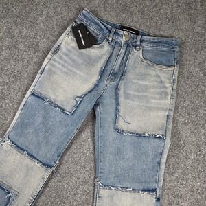 Homme + Femme Jeans Mens 30 Blue Reverse Stacked Distressed Patchwork NWT